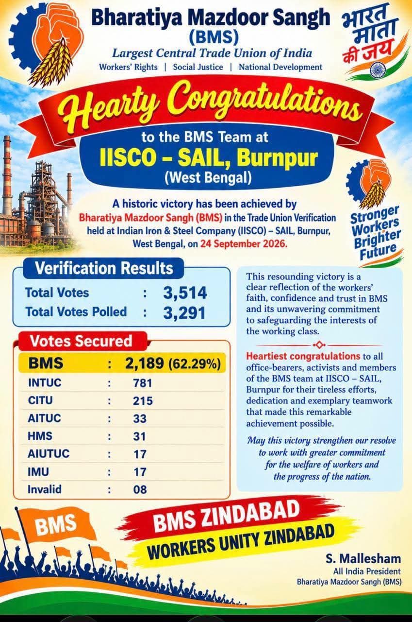 IISCO-SAIL बर्नपुर यूनियन चुनाव में BMS की शानदार जीत